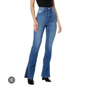 DKNY Jean Women 27 Blue The Cooper Long Slim‎ Straight Denim Distressed Slit Hem